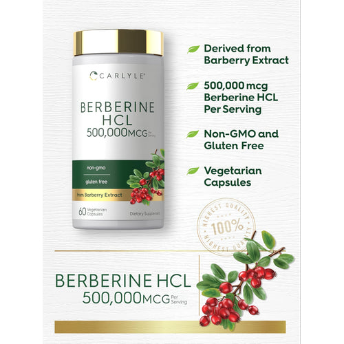 View 4 Carlyle Berberine HCL 500,000 mcg, 60 Vegetarian Capsules, Non-GMO, Gluten Free, made from Barberry Extract.