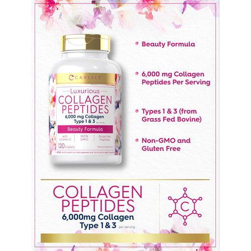 View 4 Carlyle Collagen Peptides with 6,000 mg Type 1 & 3, grass-fed, includes Vitamin C, 120 caplets.