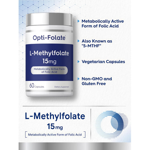 View 4 Product highlights graphic stating Metabolically Active Form of Folic Acid, Also Known as '5-MTHF', Vegetarian Capsules, Non-GMO, Gluten Free.