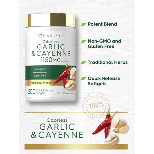 View 4 Carlyle Odorless Garlic & Cayenne 1150MG, 200 Quick Release Softgels. Non-GMO, gluten-free, Traditional Herbs.