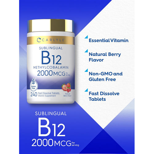 View 4 Product highlights graphic stating Essential Vitamin, Natural Berry Flavor, Non-GMO, Gluten Free, Fast Dissolve Tablets.
