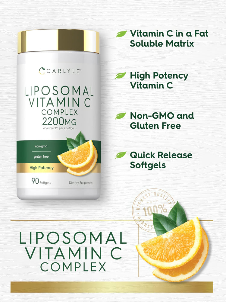 Product highlights graphic stating Vitamin C in a Fat Soluble Matrix, High Potency Vitamin C, Non-GMO and Gluten Free, Quick Release Softgels