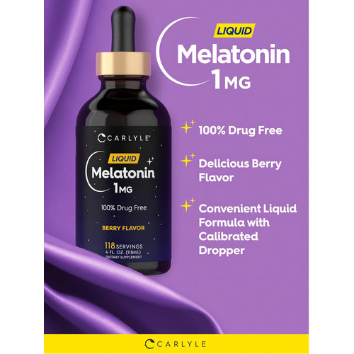 View 4 Product highlights graphic stating 100% Drug Free, Delicious Berry Flavor, Convenient Liquid Formula with Calibrated Dropper.