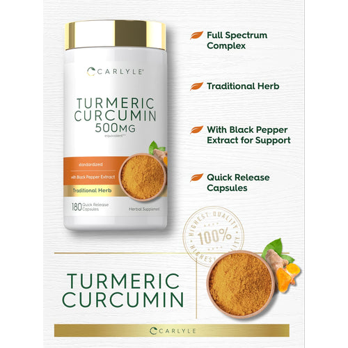View 4 Carlyle Turmeric Curcumin 500mg with Black Pepper Extract, 180 Quick Release Capsules.