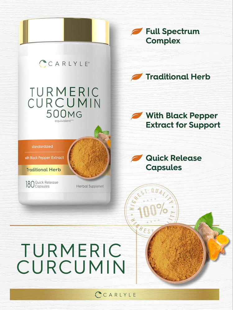 Carlyle Turmeric Curcumin 500mg with Black Pepper Extract, 180 Quick Release Capsules.