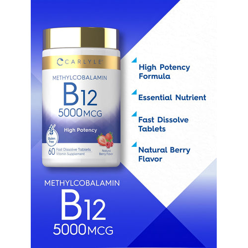 View 4 Product highlights graphic stating High Potency Formula, Essential Nutrient, Fast Dissolve Tablets, Natural Berry Flavor.