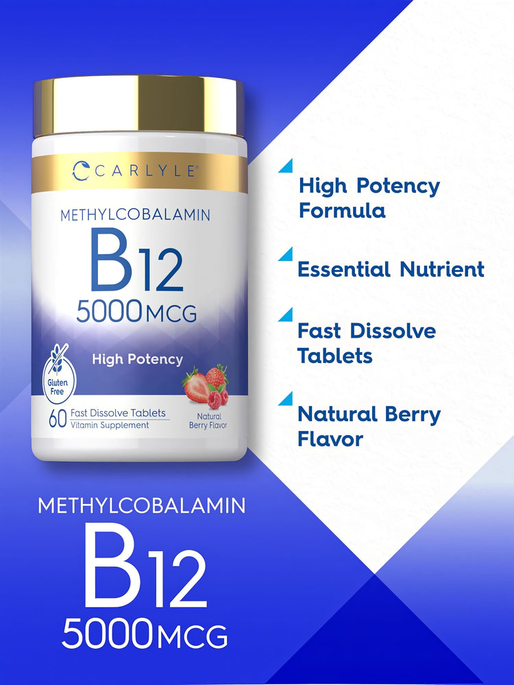 Product highlights graphic stating High Potency Formula, Essential Nutrient, Fast Dissolve Tablets, Natural Berry Flavor.