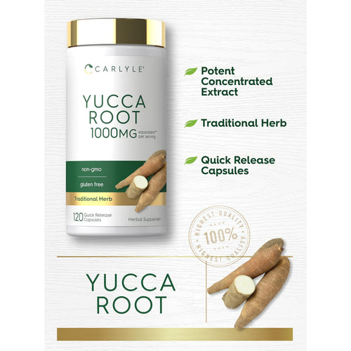 View 4 Carlyle Yucca Root 1000 mg per serving with 120 quick release capsules; non-GMO and gluten-free product.