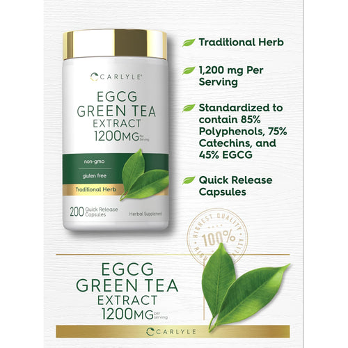 View 4 Carlyle EGCG Green Tea Extract 1200 mg per serving, with 200 quick release capsules, features prominently.