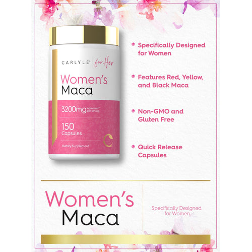 View 4 Carlyle Women's Maca 3200mg, 150 Capsules. Formulated for women, features Red, Yellow, Black Maca. Non-GMO & Gluten Free.