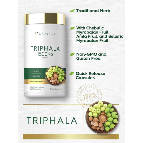 View 3 Carlyle Triphala 1500mg 180 Quick Release Capsules. Traditional herb, non-GMO, gluten-free, highest quality 100 percent.