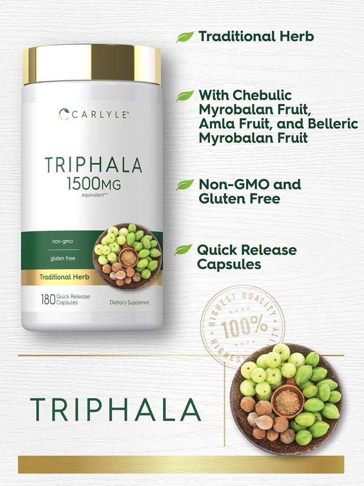 Carlyle Triphala 1500mg 180 Quick Release Capsules. Traditional herb, non-GMO, gluten-free, highest quality 100 percent.