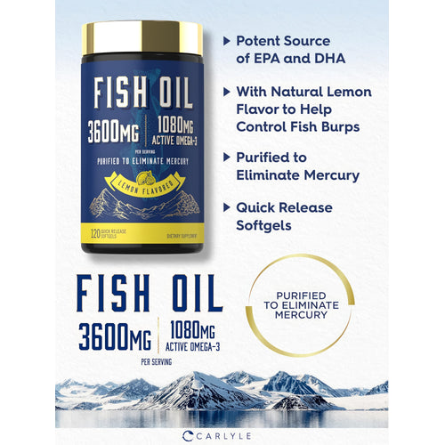View 4 Product highlights graphic stating Potent Source of EPA & DHA, Lemon Flavor for No Fish Burps, Purified to Eliminate Mercury.