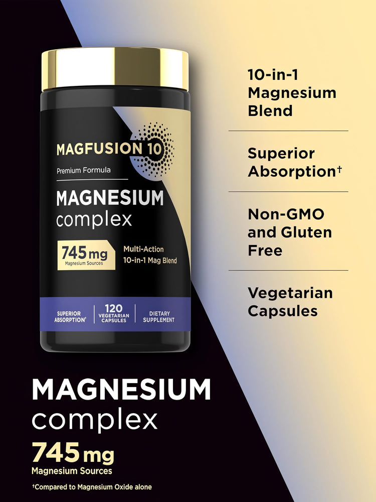 Carlyle 10 Magnesium Complex with 745 mg of magnesium sources in 120 vegetarian capsules.