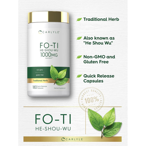 View 4 Product highlights graphic stating Traditional Herb, known as 'He Shou Wu', Non-GMO and Gluten Free, Quick Release Capsules.