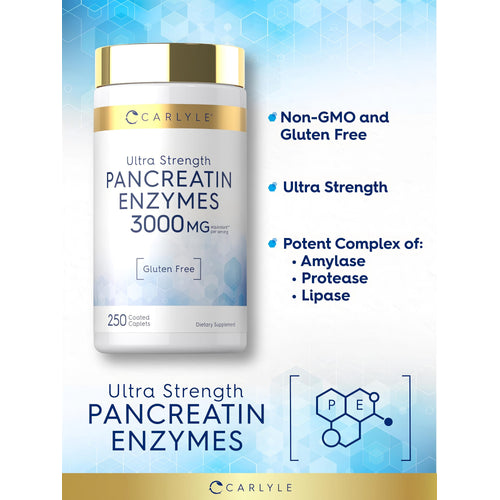 View 4 Product highlights graphic stating Non-GMO and Gluten Free, Ultra Strength, Potent Complex of: Amylase, Protease, Lipase.