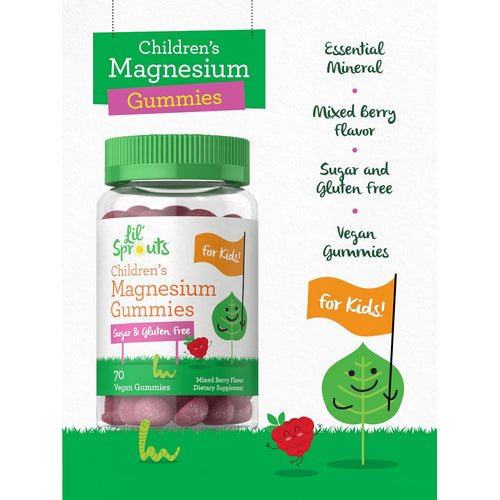 View 4 Lil' Sprouts Children's Magnesium Gummies with mixed berry flavor, 70 vegan, sugar-free, and gluten-free dietary supplements.