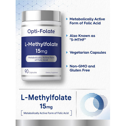 View 4 Product highlights graphic stating Metabolically Active Form of Folic Acid, Also Known as '5-MTHF', Vegetarian Capsules, Non-GMO, Gluten Free.