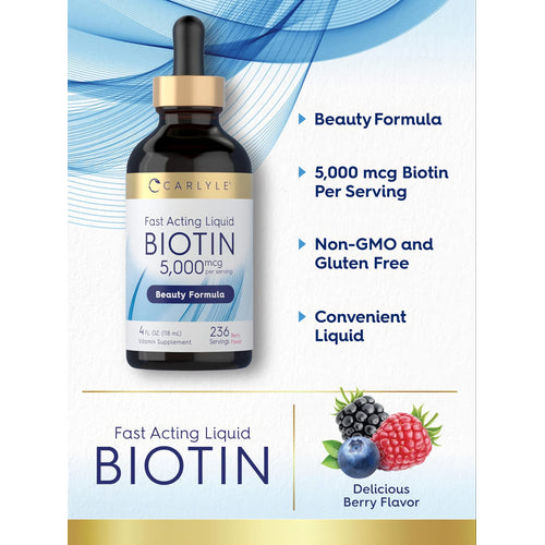 View 4 Product highlights graphic stating Beauty Formula, 5,000 mcg Biotin Per Serving, Non-GMO and Gluten Free, Convenient Liquid.