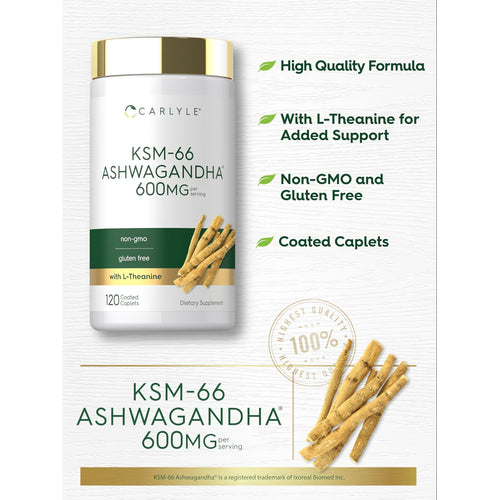 View 4 Carlyle KSM-66 Ashwagandha supplement, 600 mg, 120 coated caplets shown in the product image.