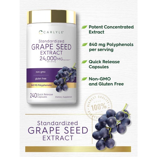 View 5 Product highlights graphic stating Potent Concentrated Extract, 840 mg Polyphenols per serving, Quick Release Capsules, Non-GMO, Gluten Free.