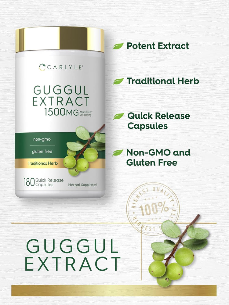 Carlyle Guggul Extract, 1500MG per serving, 180 capsules. Potent, quick release, non-GMO, and gluten-free.