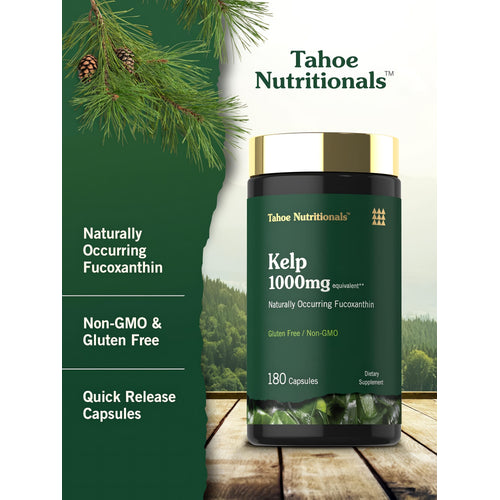 View 4 Product highlights graphic stating Naturally Occurring Fucoxanthin, Non-GMO & Gluten Free, with Quick Release Capsules.