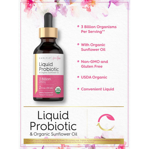 View 4 Product highlights graphic stating 3 Billion Organisms Per Serving, Organic Sunflower Oil, Non-GMO, Gluten Free, USDA Organic.