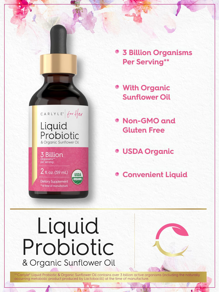 Product highlights graphic stating 3 Billion Organisms Per Serving, Organic Sunflower Oil, Non-GMO, Gluten Free, USDA Organic.