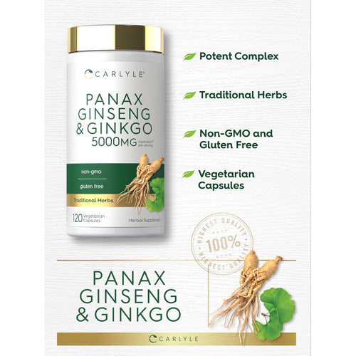 View 4 Panax Ginseng and Ginkgo supplement with 5000mg equivalent per serving, 120 vegetarian capsules.