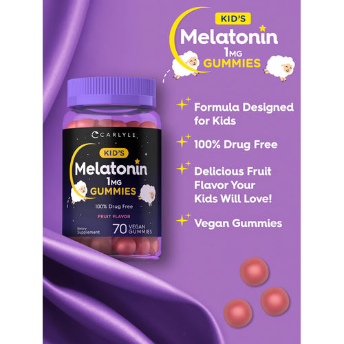 View 4 Product highlights graphic stating: Formula Designed for Kids, 100% Drug-Free, Delicious Fruit Flavor Your Kids Will Love!, Vegan.