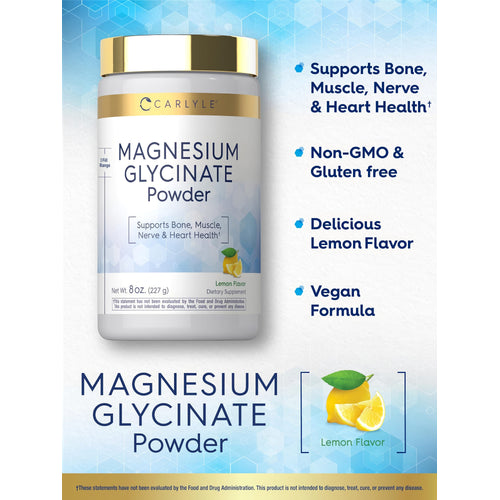 View 4 Product highlights graphic stating Supports Bone, Muscle, Nerve & Heart Health†, Non-GMO & Gluten free, Lemon Flavor, Vegan.