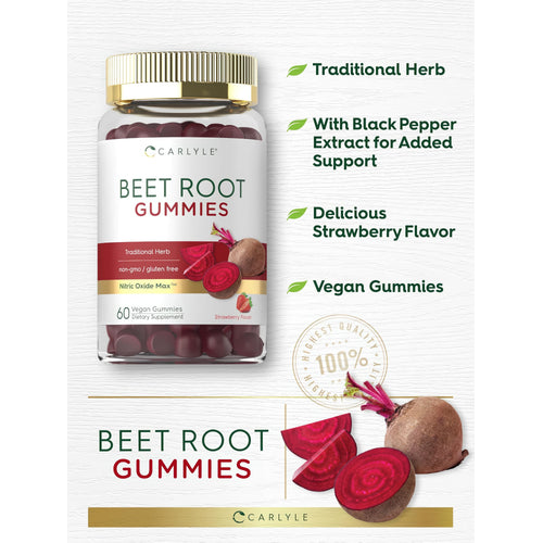 View 4 Beet Root Gummies, 60 count, Strawberry Flavor. Traditional herb, vegan, with black pepper extract, non-GMO, gluten free.