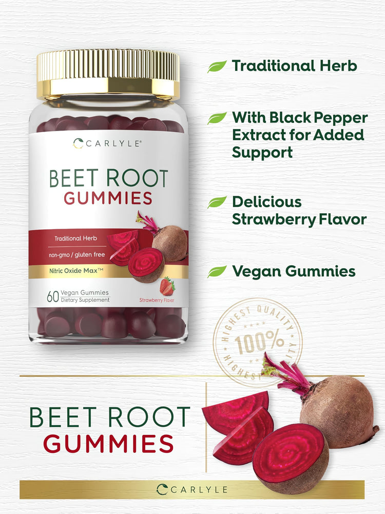 Beet Root Gummies, 60 count, Strawberry Flavor. Traditional herb, vegan, with black pepper extract, non-GMO, gluten free.