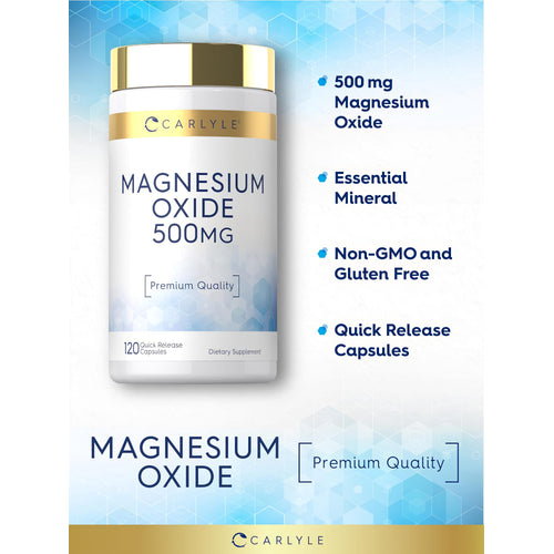 View 4 Product highlights graphic stating 500 mg Magnesium Oxide, Essential Mineral, Non-GMO, Gluten Free, Quick Release Capsules.