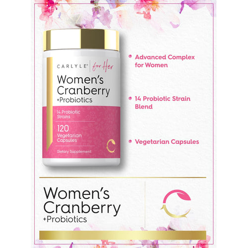 View 4 Product highlights graphic stating Advanced Complex for Women with 14 Probiotic Strain Blend, Vegetarian Capsules, Infographic.