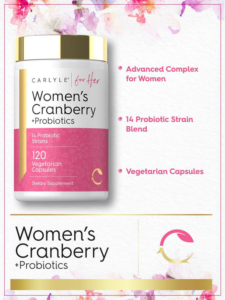 Product highlights graphic stating Advanced Complex for Women with 14 Probiotic Strain Blend, Vegetarian Capsules, Infographic.
