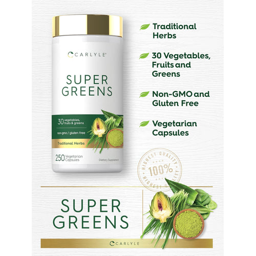 View 4 Carlyle Super Greens 250 Vegetarian Capsules with 30 vegetables, fruits, greens, and traditional herbs. Non-GMO and gluten-free.