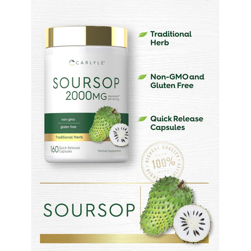 View 4 Carlyle Soursop 2000MG equivalent herbal supplement, 160 quick release capsules, shown in a bottle.