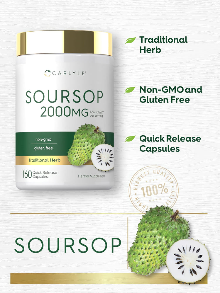 Carlyle Soursop 2000MG equivalent herbal supplement, 160 quick release capsules, shown in a bottle.