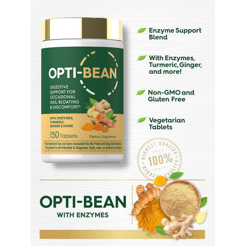 View 4 Product highlights graphic stating Enzyme Support Blend with Enzymes, Turmeric, Ginger, Non-GMO, Gluten Free, Vegetarian Tablets.