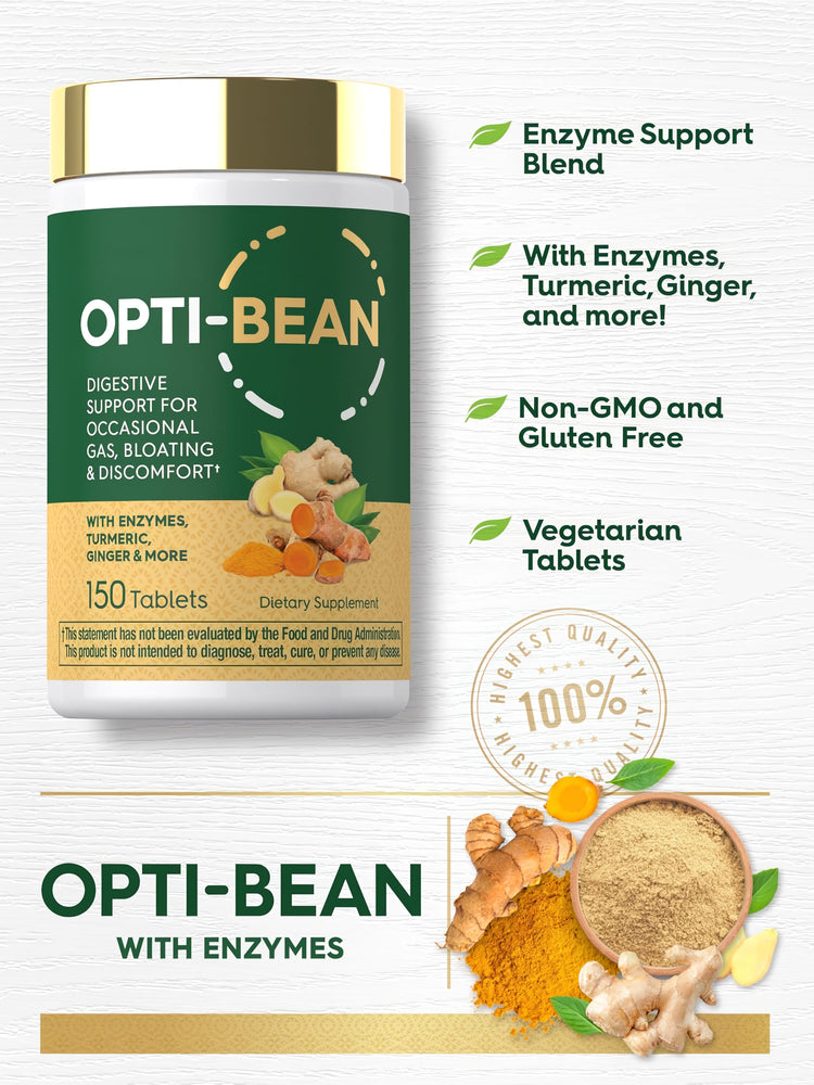 Product highlights graphic stating Enzyme Support Blend with Enzymes, Turmeric, Ginger, Non-GMO, Gluten Free, Vegetarian Tablets.