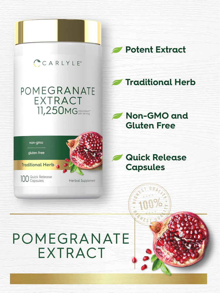 Product highlights graphic stating Potent Extract, Traditional Herb, Non-GMO and Gluten Free, Quick Release Capsules.