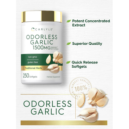 View 4 Carlyle Odorless Garlic contains 1500mg equivalent per 3 softgels, available in a bottle of 250 softgels.