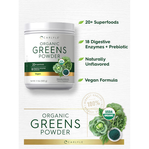 View 4 Organic Greens Powder with 20+ superfoods, 18 digestive enzymes, prebiotic, naturally unflavored, vegan, USDA organic.