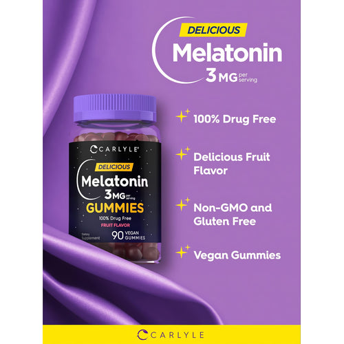 View 4 Carlyle Melatonin 3 mg gummies, 90 vegan fruit-flavored gummies in a delicious formula.