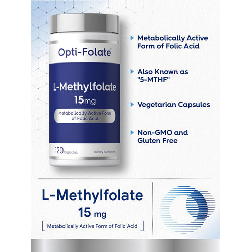 View 4 Product highlights graphic stating Metabolically Active Form of Folic Acid, Also Known as '5-MTHF', Vegetarian Capsules, Non-GMO, Gluten Free.