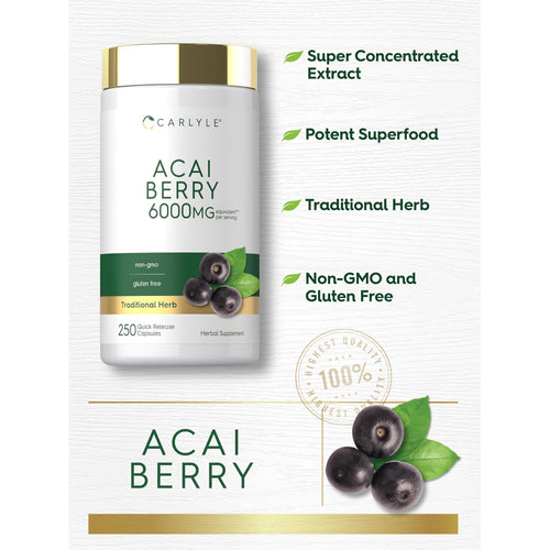 View 4 Carlyle Acai Berry supplement, 6000MG equivalent per serving, with 250 quick release capsules.