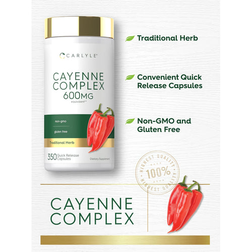 View 4 Carlyle Cayenne Complex 600MG with 350 quick-release capsules. Non-GMO and gluten-free traditional herb bottle.
