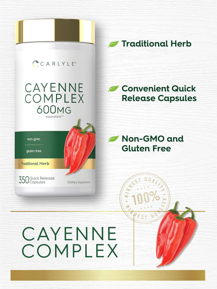 Carlyle Cayenne Complex 600MG with 350 quick-release capsules. Non-GMO and gluten-free traditional herb bottle.